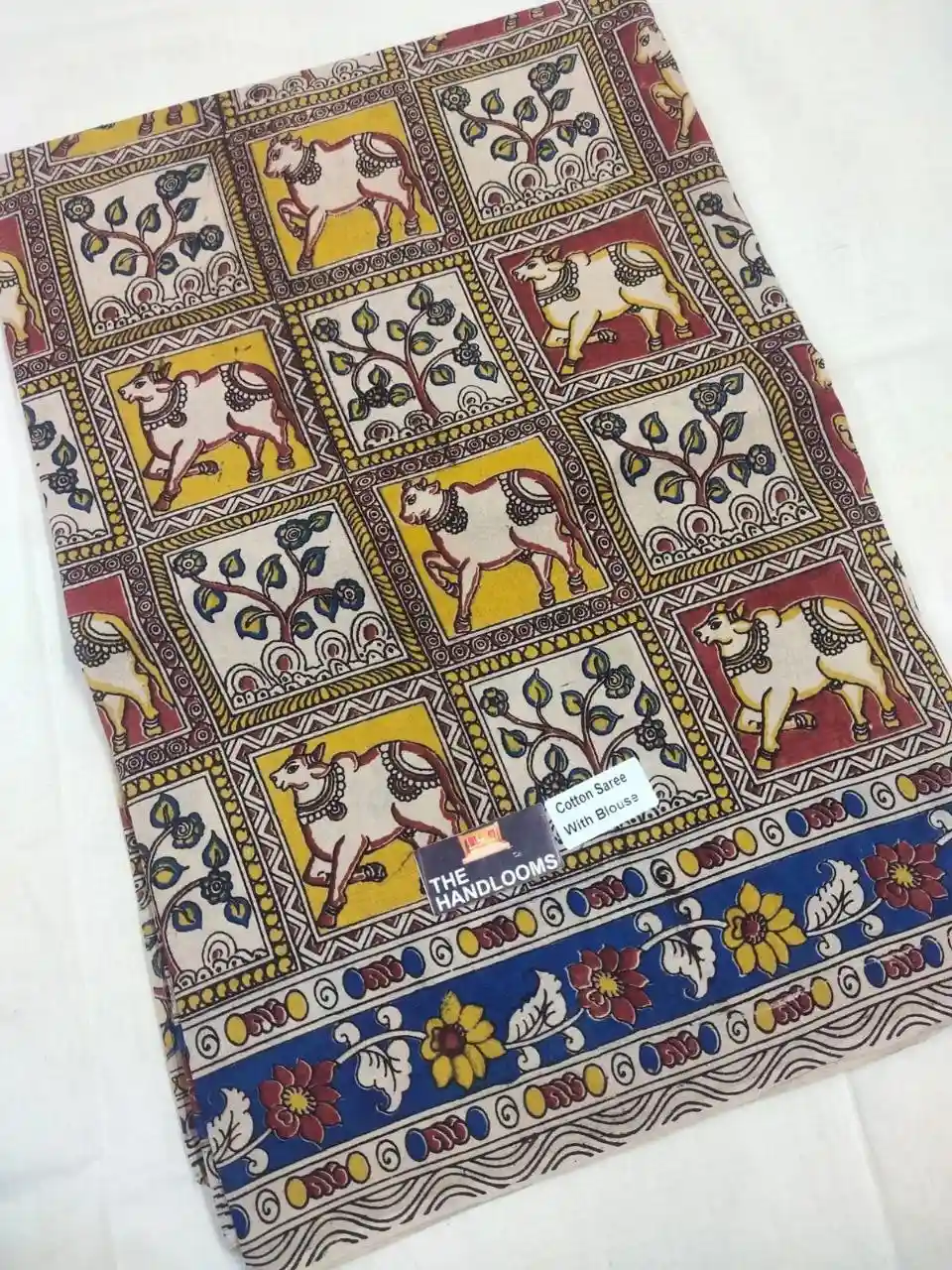 Holy Cow Floral Panel Kalamkari Pure Handloom Cotton Saree